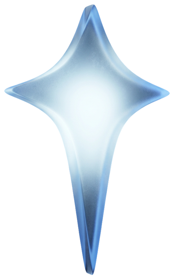 A glowing, translucent blue four-pointed star. The star's soft edges and gradient lighting create a serene, futuristic feel.